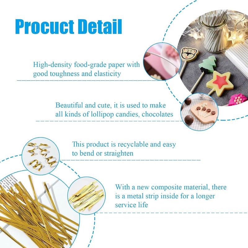 Eiahonen 300 PCS Cake Pop Sticks and Wrappers Kit Including 100ct 6-inch Cake Pop Paper Lollipop Sticks, 100ct Clear Candy Treat Bags, 100ct Gold Twist Ties for Cake Pops, Lollipops, Candy, Chocolate - Image 3